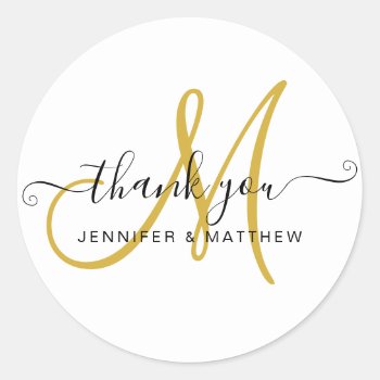 Wedding Thank You Elegant Script Gold White Classic Round Sticker by monogramgallery at Zazzle