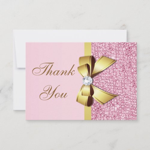 Wedding Thank You Faux Pink Sequins Gold Bow