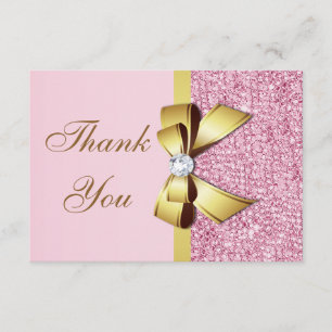 Wedding Thank You Faux Pink Sequins Gold Bow Card
