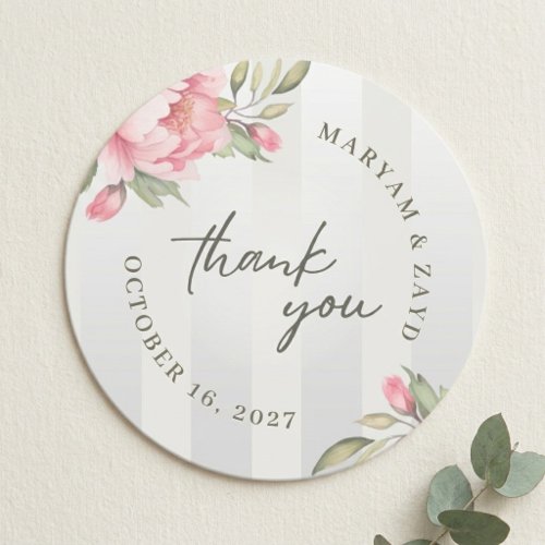 Wedding Thank You Favor | Blush Peony Grey Stripe Classic Round Sticker