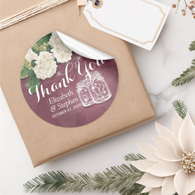 Wedding Thank You Favor Mason Jar Hydrangea Lights Classic Round Sticker (Creator Uploaded)