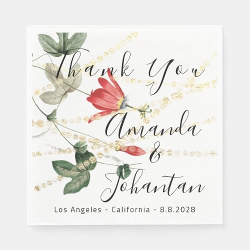 Wedding Thank You Floral Gold Name Date White Napkins