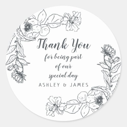 Wedding Thank You Floral Outline Black White Classic Round Sticker