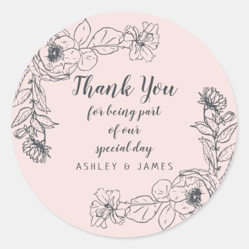 Wedding Thank You Floral Outline Pastel Pink Classic Round Sticker