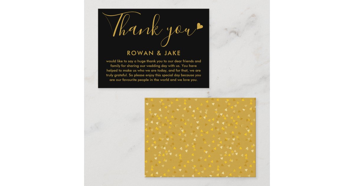 Wedding Thank You Gold And Black Heart Script Place Card | Zazzle