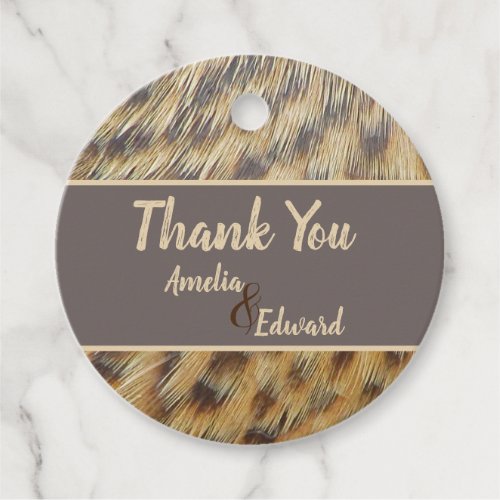Wedding Thank You Gold Brown Animal Feathers Guest Favor Tags