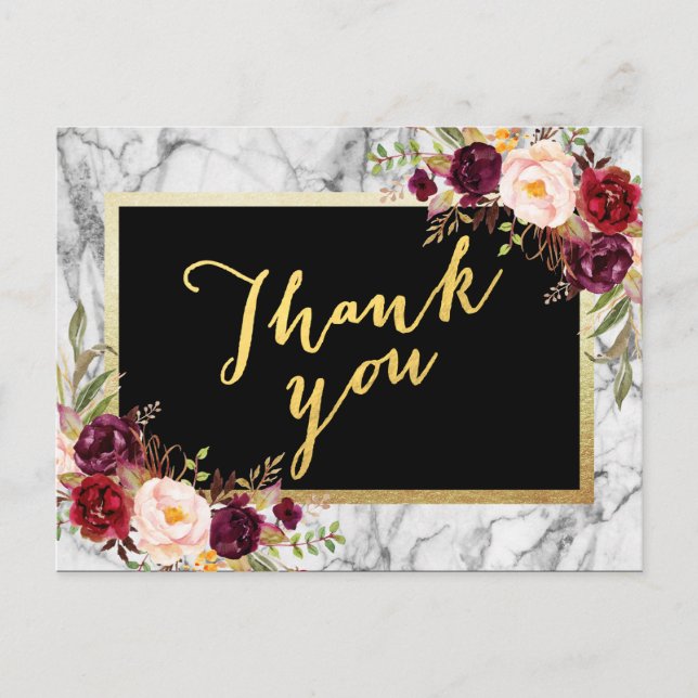 Wedding Thank You Gold Burgundy Floral Marble Postcard (Front)