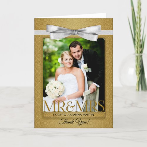 Wedding Thank You Gold Damask with Photo