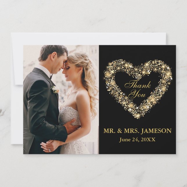 Wedding Thank You Gold Heart Photo Card (Front)