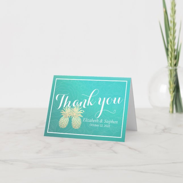 Wedding Thank You Gold Pineapple Couple Teal Roses Card (Front)