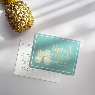 Wedding Thank You Gold Pineapple Couple Teal Roses Postcard