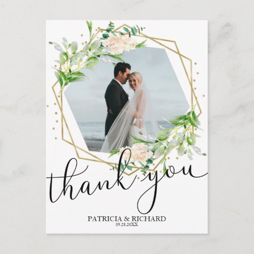 Wedding Thank You Greenery Gold Foil Geometric Postcard