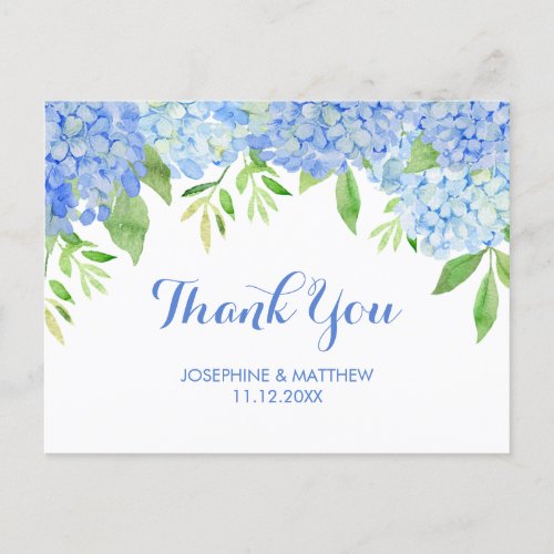 Wedding Thank You Hydrangea Blue Watercolor Floral Postcard