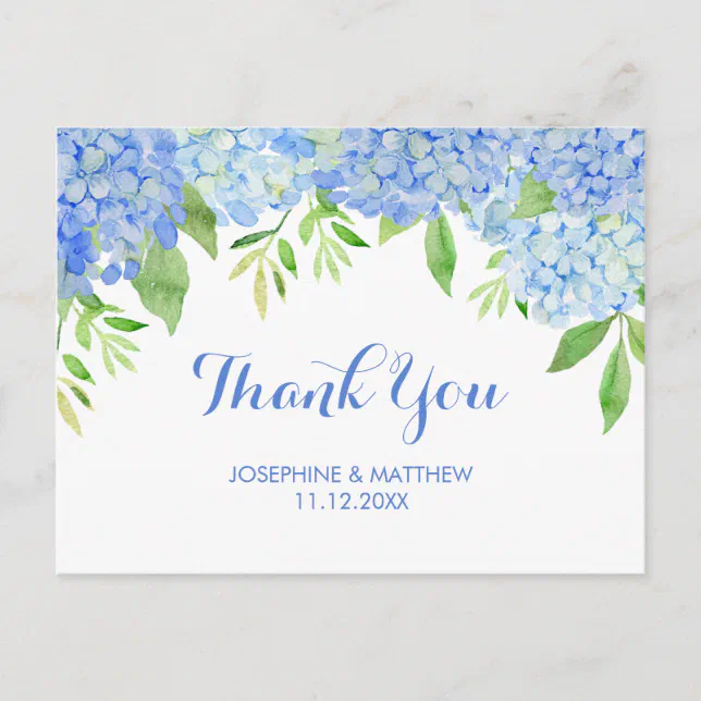 Wedding Thank You Hydrangea Blue Watercolor Floral Postcard | Zazzle
