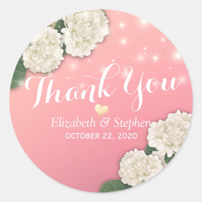 Wedding Thank You Hydrangea Flowers  String Lights Classic Round Sticker (Front)