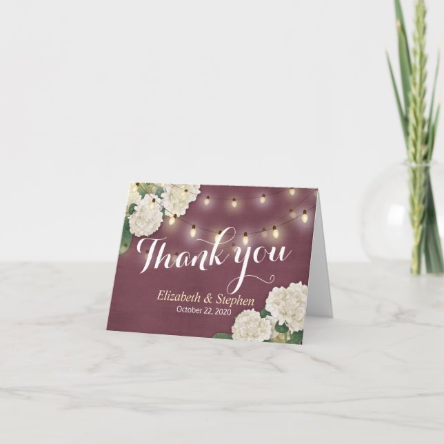 Wedding Thank You Hydrangea String Lights Burgundy Card (Front)