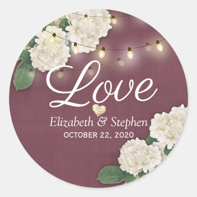 Wedding Thank You Hydrangea String Lights Burgundy Classic Round Sticker (Front)