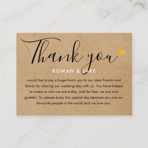 Wedding Thank You Kraft Gold Heart Chic Script Place Card