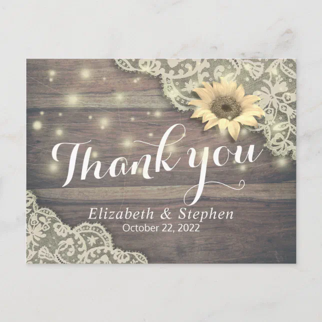 Wedding Thank You Lace Sunflower Rustic Wood Light Postcard | Zazzle