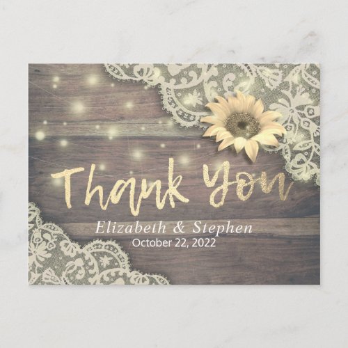 Wedding Thank You Lace Sunflower Rustic Wood Light Postcard