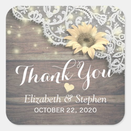 Wedding Thank You Lace Sunflower Rustic Wood Light Square Sticker