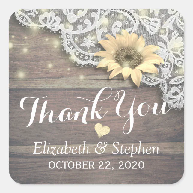Wedding Thank You Lace Sunflower Rustic Wood Light Square Sticker | Zazzle