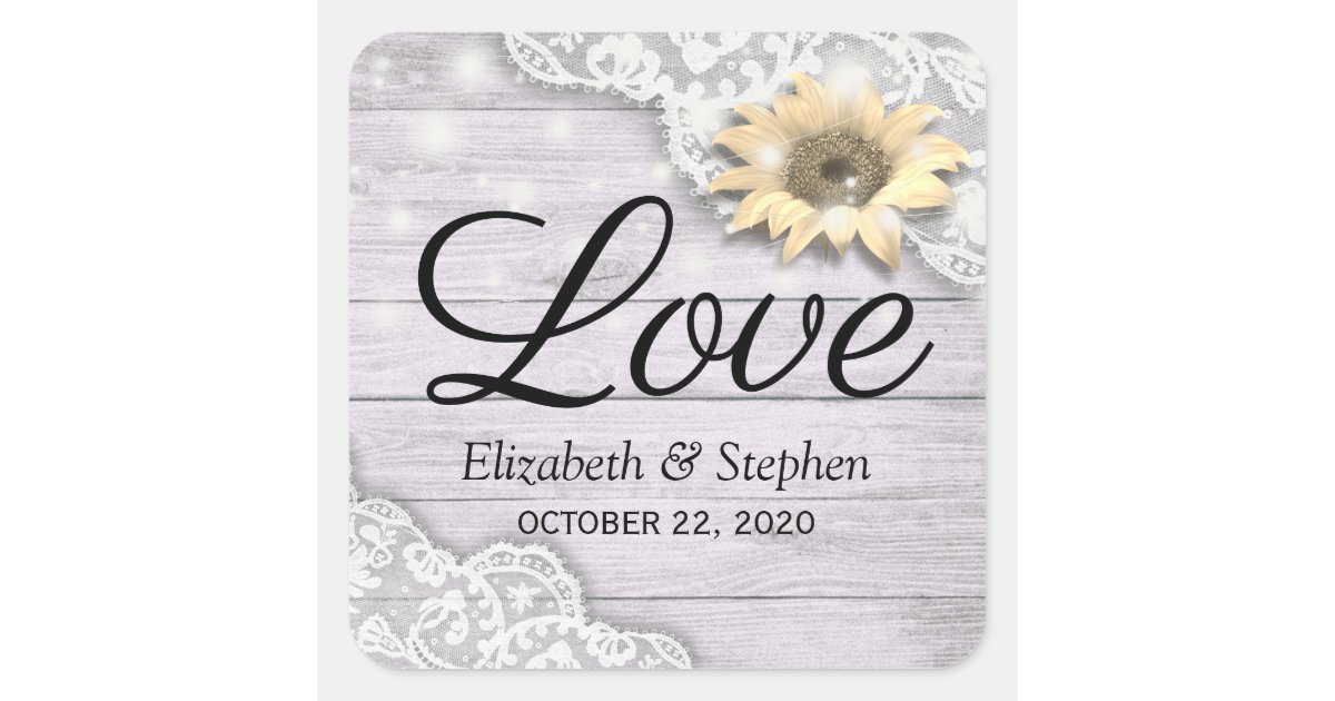 Wedding Thank You Lace Sunflower Wood String Light Square Sticker | Zazzle