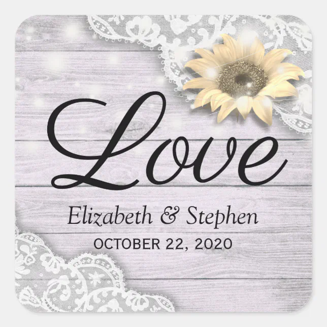 Wedding Thank You Lace Sunflower Wood String Light Square Sticker | Zazzle