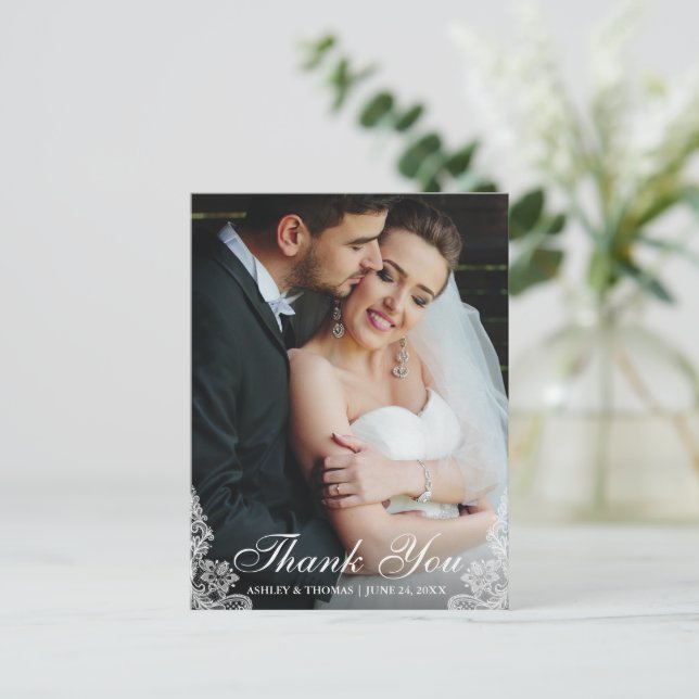Wedding Thank You Lace Trim Photo Postcard (Standing Front)
