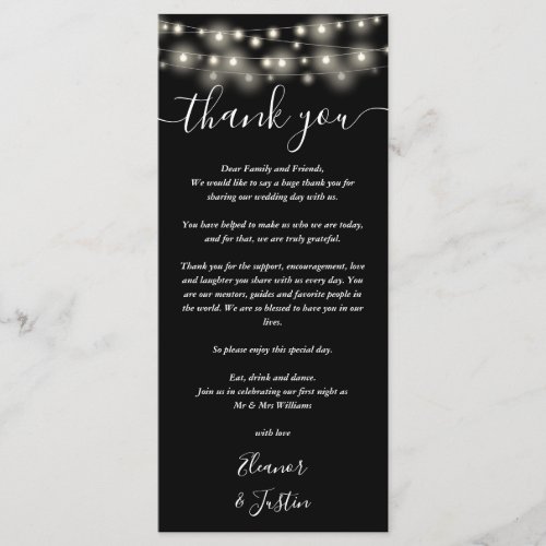Wedding Thank You Lights Black White Place Card