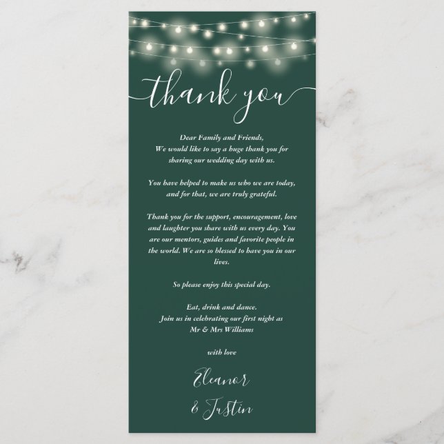 Wedding Thank You Lights Emerald Green Place Card (Front)