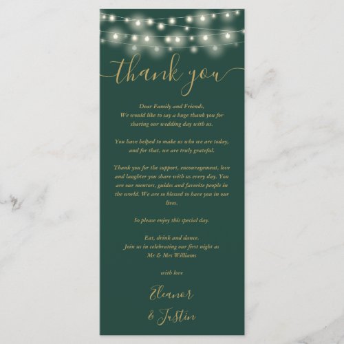 Wedding Thank You Lights Green And Gold Place Card