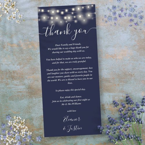 Wedding Thank You Lights Navy Blue Place Card