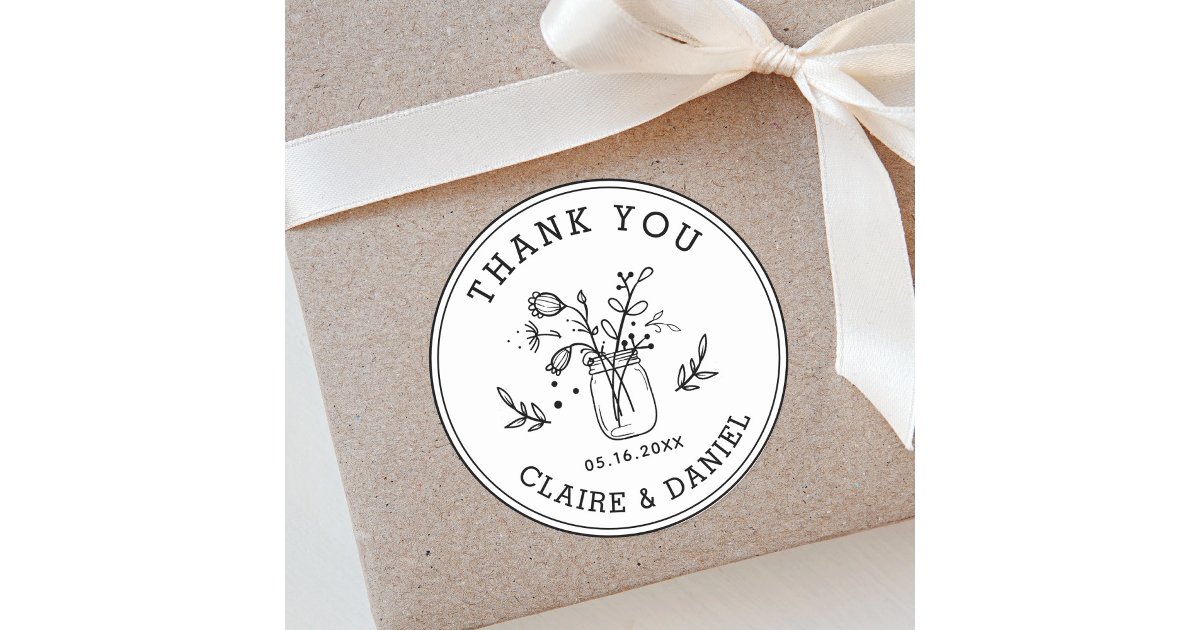 Wedding Thank You Mason Jar Flowers Classic Round Sticker | Zazzle