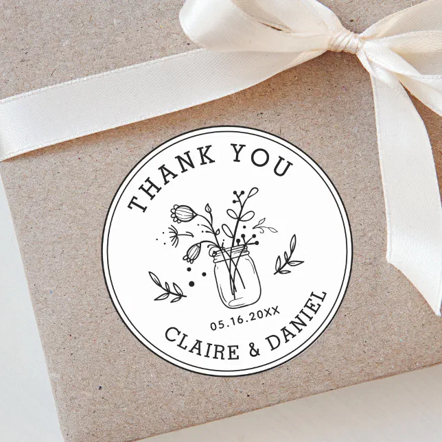 Wedding Thank You Mason Jar Flowers Classic Round Sticker
