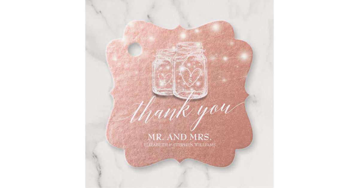 Wedding Thank You Mason Jar String Light Rose Gold Favor Tags | Zazzle