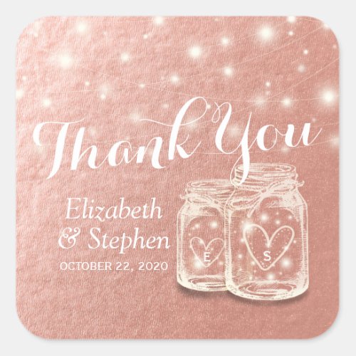 Wedding Thank You Mason Jar String Light Rose Gold Square Sticker