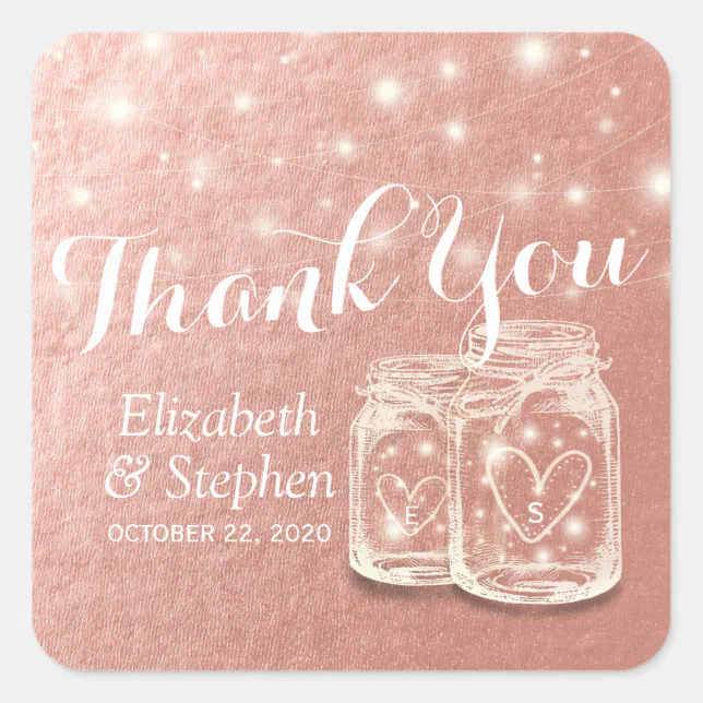 Wedding Thank You Mason Jar String Light Rose Gold Square Sticker | Zazzle