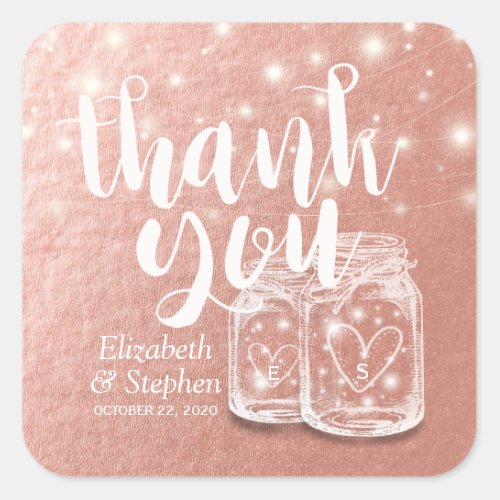 Wedding Thank You Mason Jar String Light Rose Gold Square Sticker