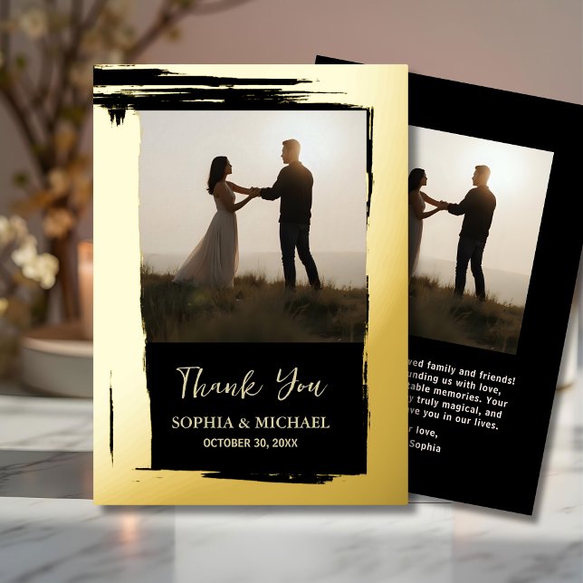 Wedding Thank You Message 2 Photos Black Elegant Foil Holiday Card (Creator Uploaded)