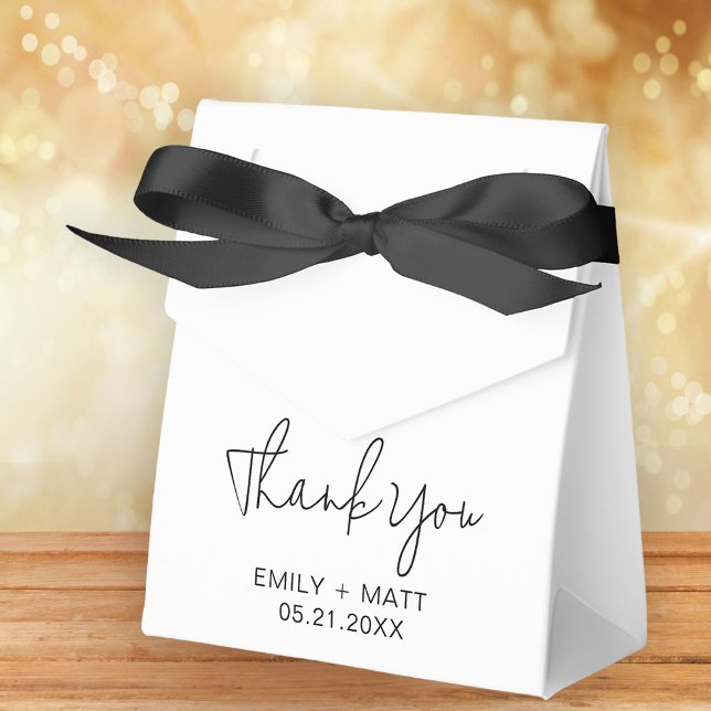 Wedding Thank You Modern Black Script Favor Boxes (Stylishly Personalize with Your Custom Names & Date.)