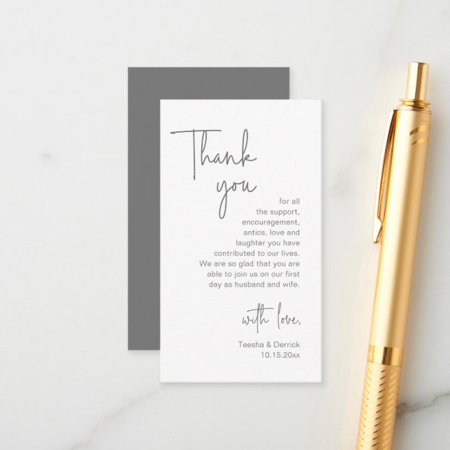 Wedding Thank you, Modern Dark Grey Script Enclosure Card (Front/Back In Situ)