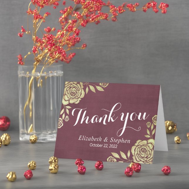 Wedding Thank You Modern Golden Roses Burgundy Red Card (Creator Uploaded)