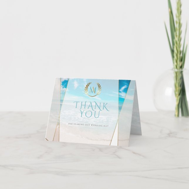 Wedding Thank You | Modern Monogram Beach Wedding Note Card (Front)
