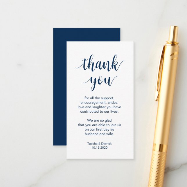 Wedding Thank you, Modern Navy Blue Script Enclosure Card (Front/Back In Situ)