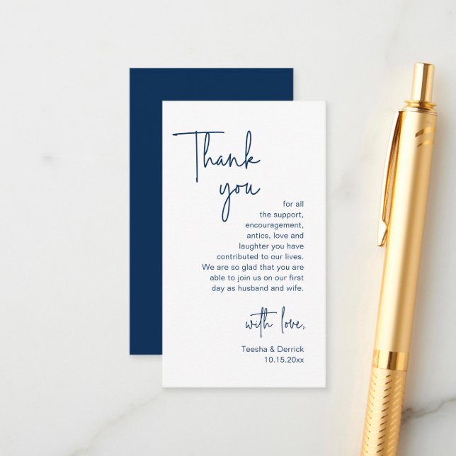Wedding Thank you, Modern Navy Blue Script Enclosure Card (Front/Back In Situ)