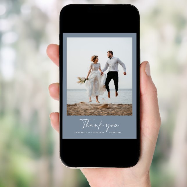 Wedding thank you modern photo minimal dusty blue invitation (Front Digital)