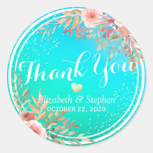 Wedding Thank You Modern Pink Floral Teal Gold Dot Classic Round Sticker