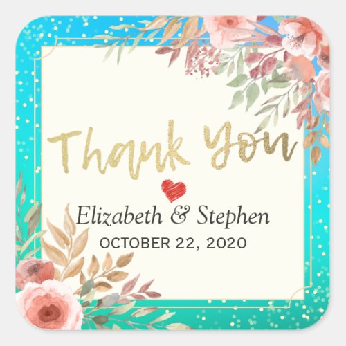 Wedding Thank You Modern Pink Floral Teal Gold Dot Square Sticker