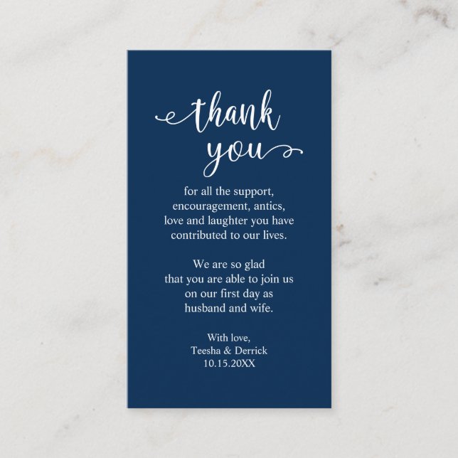 Wedding Thank you, Modern Simple Rustic Navy Blue Enclosure Card (Front)